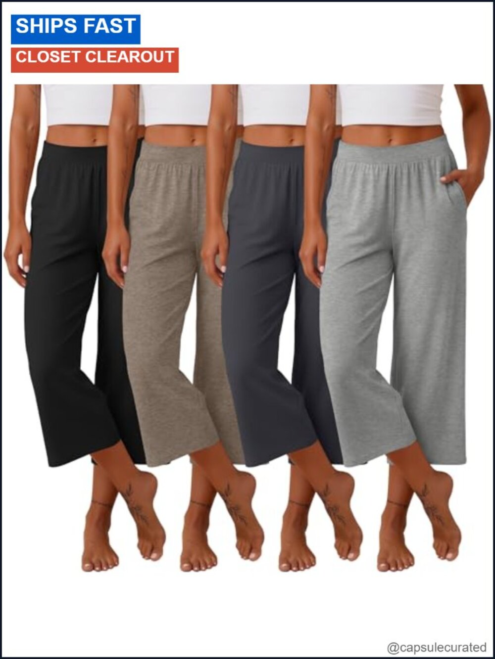 4 Pack Women's Capri Sweatpants Wide Leg Elastic Waist Pockets Yoga Lounge